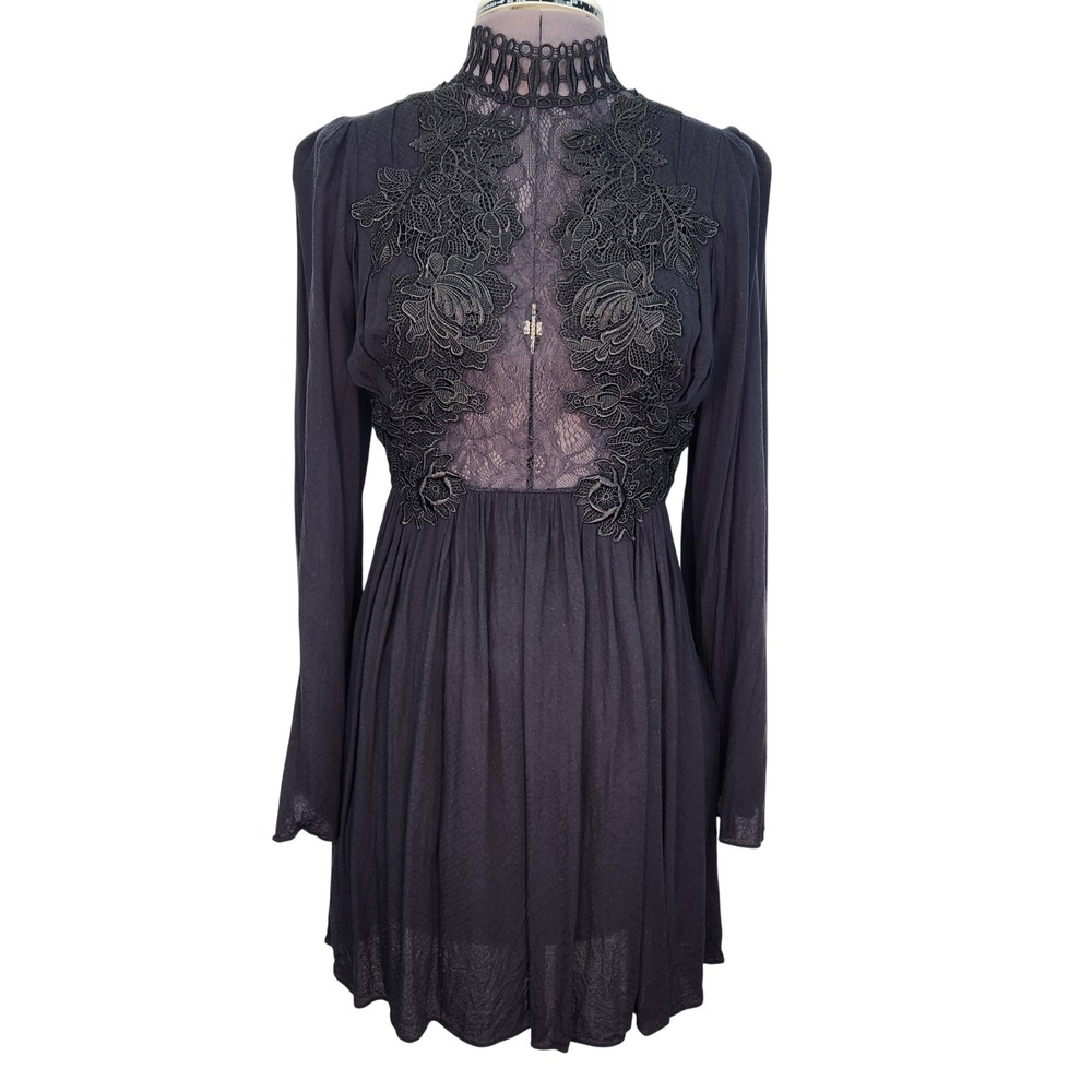 Free People Divine Mini Dress Black 2 Gothic Boho Bell Sleeve Whimsigoth